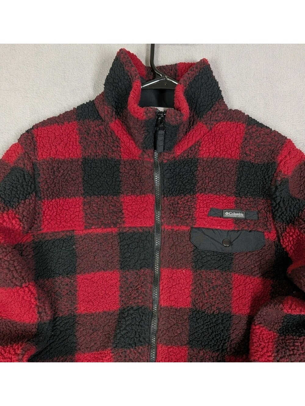 Columbia Mens Medium Red Black Buffalo Plaid Sherpa Fleece Full Zip Jacket Warm